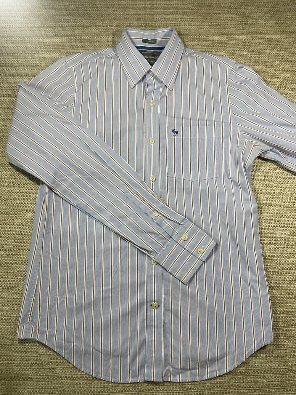 Abercrombie & Fitch Logo Men's Med Muscle Blue W Stripe Long Sleeve Button Down